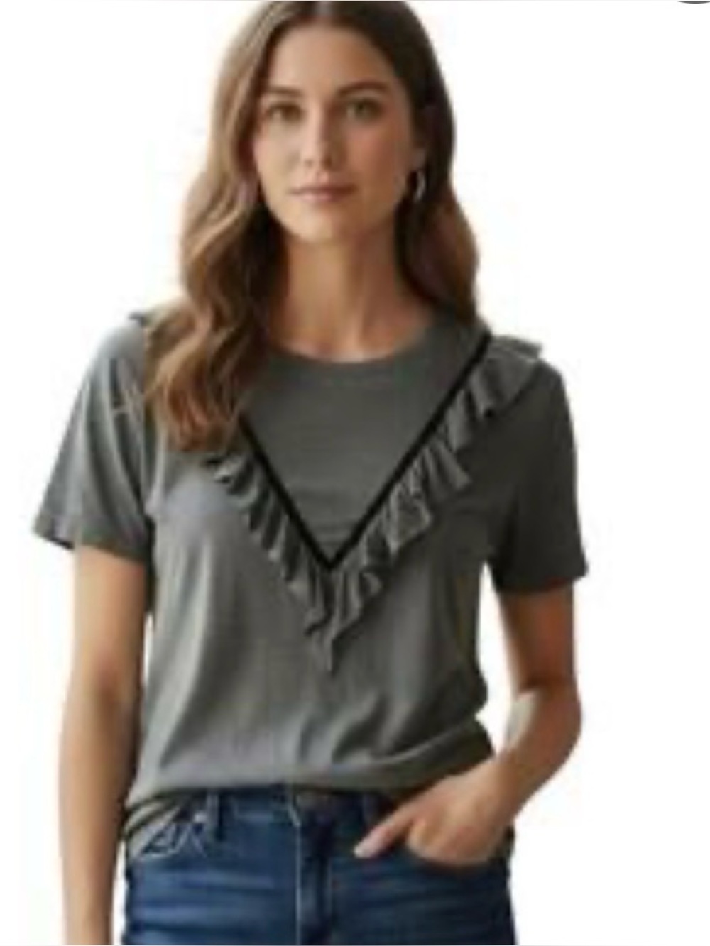 THE GREAT. Grey Ribbon Tuxedo Ruffle T-Shirt Size 2 - Picture 3 of 9